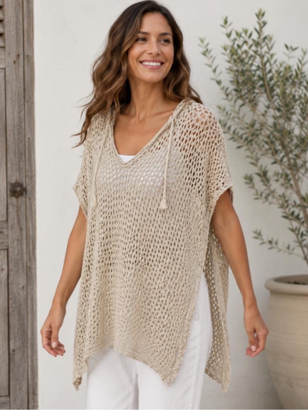 J.Jill L/XL Open-Side Crochet Poncho – Natural Oatmeal Cotton Blend